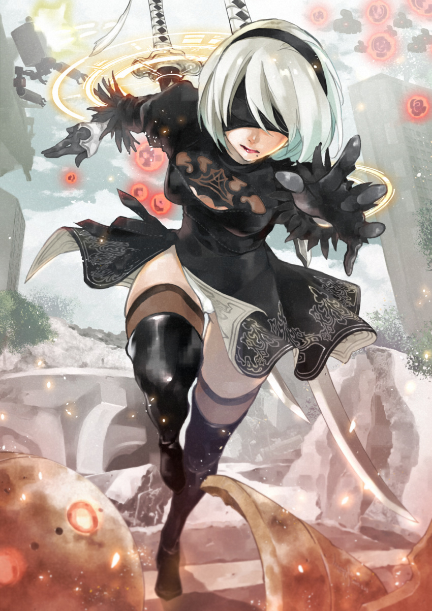 1girl, black_dress, black_gloves, black_legwear, blindfold, breasts, dress, firing