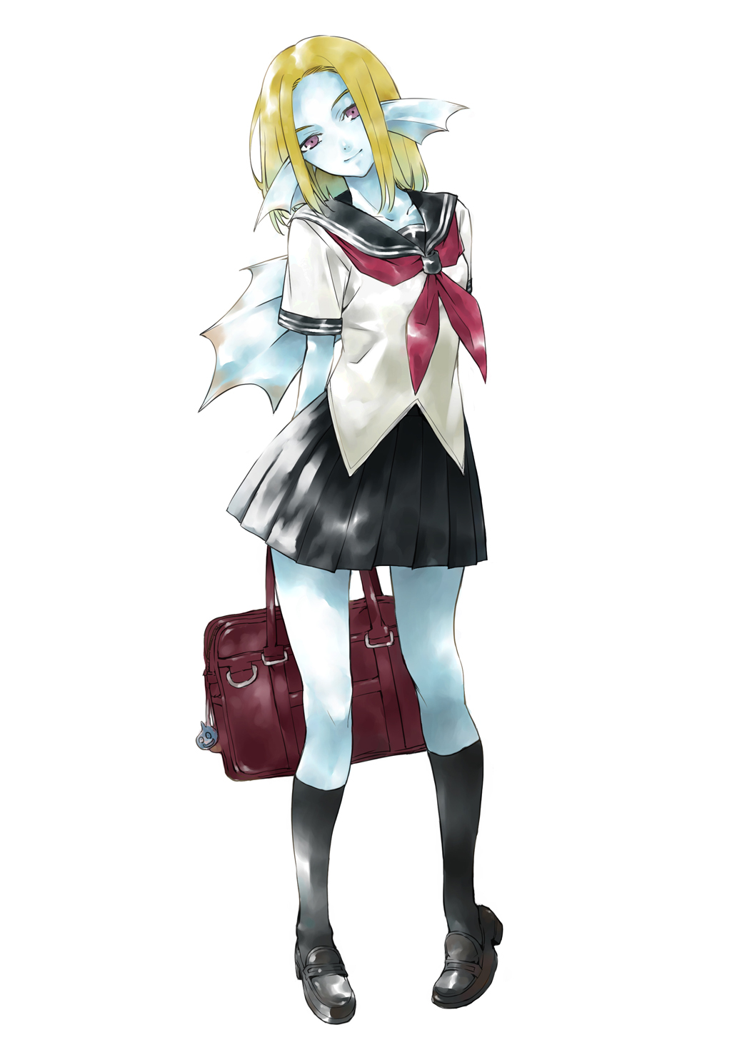 1girl, arms_behind_back, bag, black_legwear, blonde_hair, blue_skirt, dragon_quest, dragon_quest_x