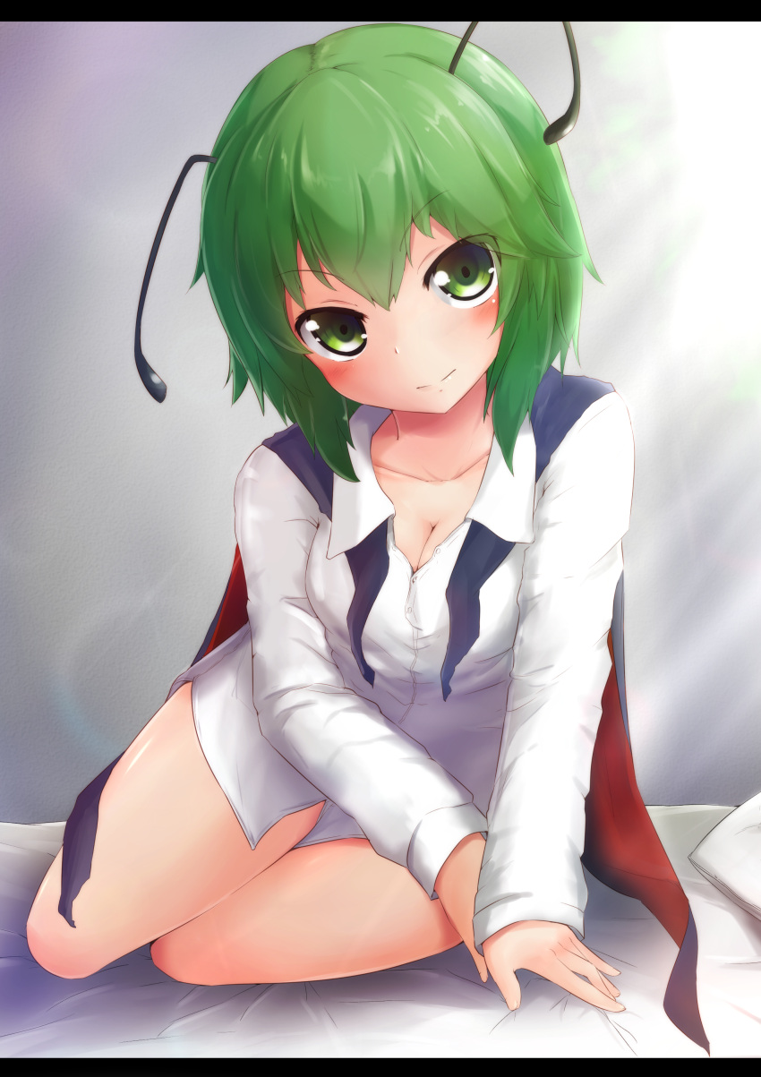 1girl, absurdres, antennae, arm_support, bare_legs, biburu, blush, breasts, cape, cleavage, collarbone, come_hither, dress_shirt, gradient, gradient_background, green_eyes, green_hair, head_tilt, highres, letterboxed, light_smile, long_sleeves, looking_at_viewer, naughty_face, on_bed, pillow, shirt, short_hair, sitting, small_breasts, solo, touhou, wriggle_nightbug, yokozuwari
