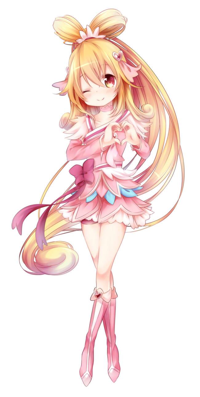 1girl, ;), aida_mana, bangs, blonde_hair, boots, bow, choker