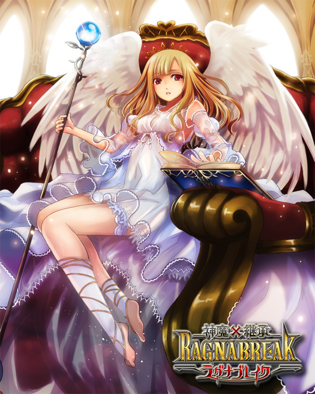 angel, angel_wings, barefoot, blonde_hair, book, dress, long_hair, official_art