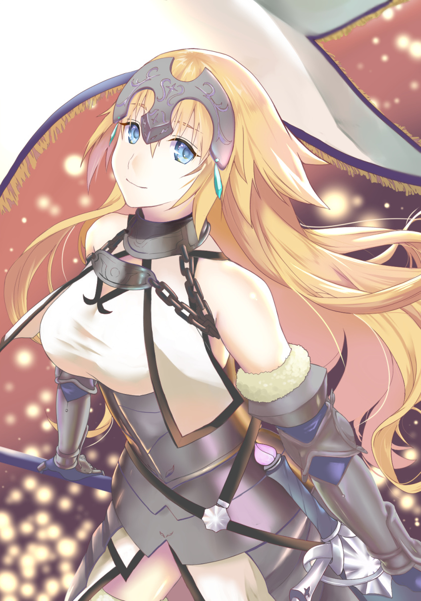 1girl, armor, armored_dress, bare_shoulders, black_gloves, blonde_hair, blue_eyes, braid