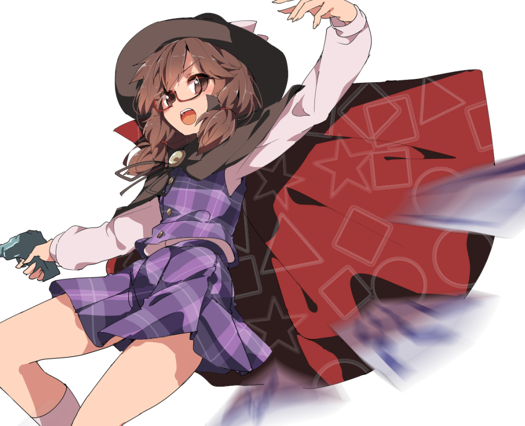 1girl, :d, arm_up, blush, brown_eyes, brown_hair, cape, card, defense_distributed_liberator, glasses, gun, handgun, hasebe_yuusaku, hat, kneehighs, long_sleeves, looking_at_viewer, low_twintails, open_mouth, plaid, plaid_skirt, plaid_vest, red-framed_eyewear, shirt, short_hair, simple_background, skirt, skirt_set, smile, solo, teeth, touhou, twintails, usami_sumireko, vest, weapon, white_background, white_legwear