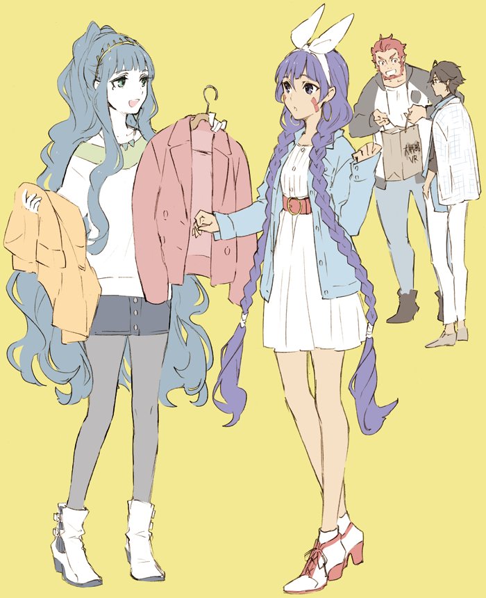 2boys, 2girls, ahoge, beard, black_hair, braid, brown_hair, casual