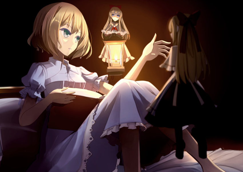 1girl, alice_margatroid, apron, bangs, black_dress, blonde_hair, blue_eyes, blue_skirt