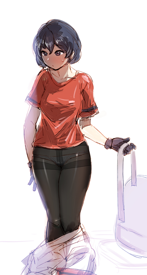 1girl, backpack, bag, black_eyes, black_gloves, black_hair, black_legwear, blush