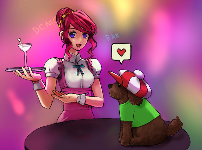 1girl, blue_eyes, bone, boney, breasts, dog, drink, kumatora