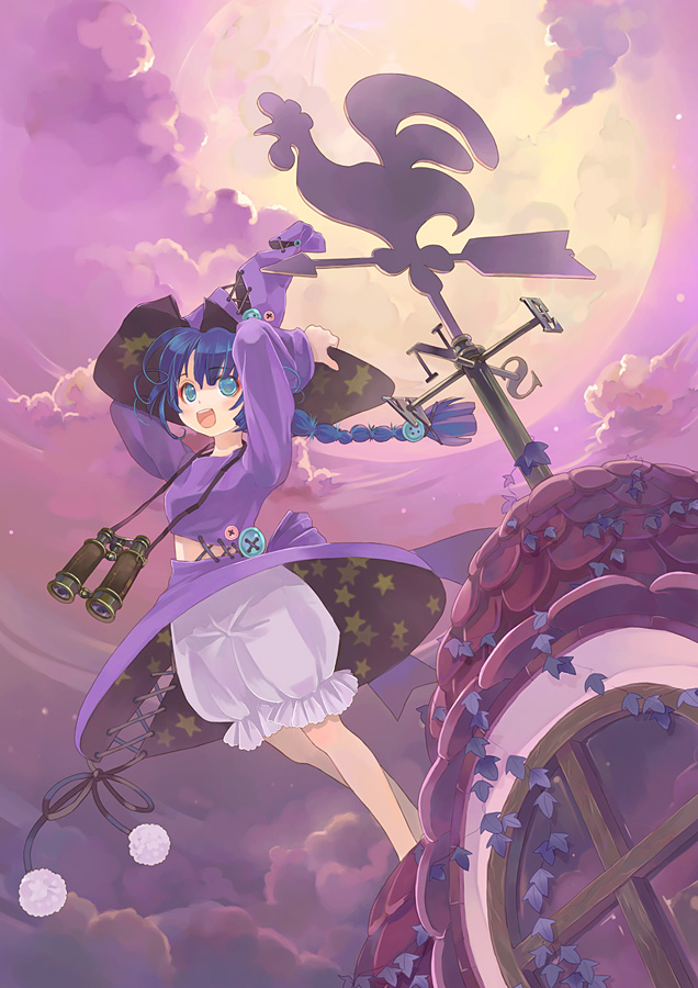 arms_up, binoculars, bloomers, blue_hair, braid, cloud, clouds, hat, kuga_tsukasa, long_hair, makeup, moon, original, rooftop, single_braid, weather_vane, wind_vane, witch_hat