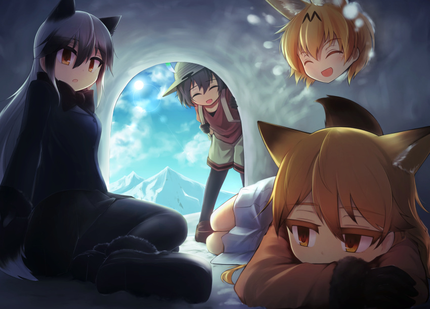4girls, :o, ^_^, animal_ears, ankle_boots, backpack, bag, black_boots