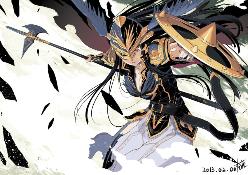 1girl, armor, armored_dress, belt, black_hair, black_legwear, black_nails, black_valkyrie, breasts, cape, cleavage, dated, gauntlets, head_wings, helmet, kiya_shii, long_hair, looking_at_viewer, medium_breasts, nail_polish, orange_eyes, pauldrons, polearm, shield, signature, solo, thigh-highs, valkyrie, valkyrie_no_densetsu, weapon