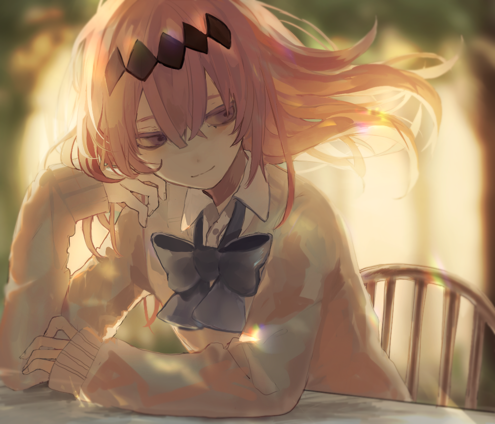 1girl, bangs, beige_sweater, blue_ribbon, blurry, blurry_background, buttons, chair