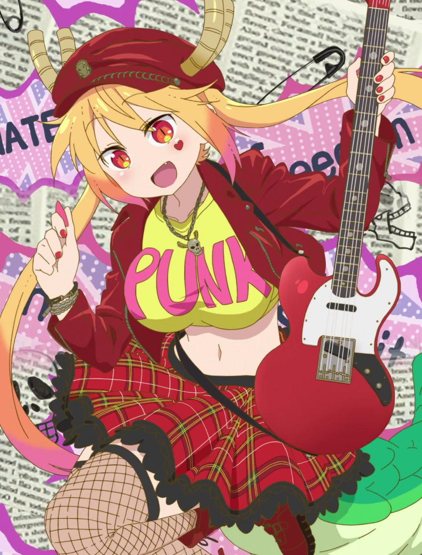 1girl, absurdres, alternate_costume, beret, blonde_hair, boots, breasts, crop_top, fishnets, guitar, hat, heart, highres, horns, instrument, kobayashi-san_chi_no_maidragon, midriff, nail_polish, navel, plectrum, punk, red_eyes, red_nails, screencap, skull_necklace, slit_pupils, stitched, tail, thigh-highs, tooru_(maidragon), twintails, wristband