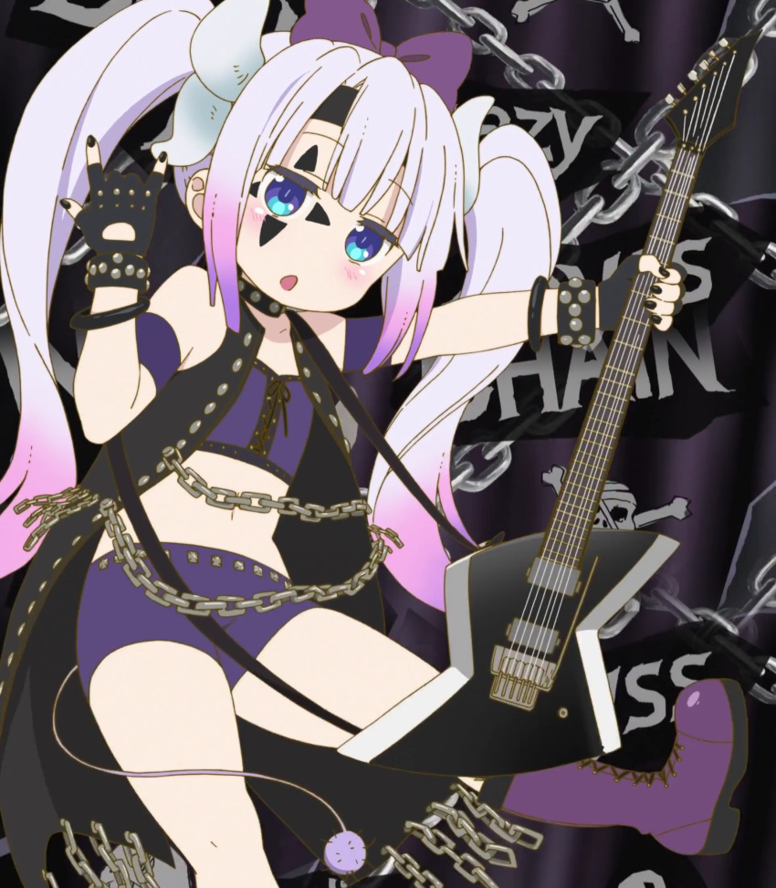 1girl, \m/, alternate_costume, alternate_hairstyle, bangs, blue_eyes, blunt_bangs, boots