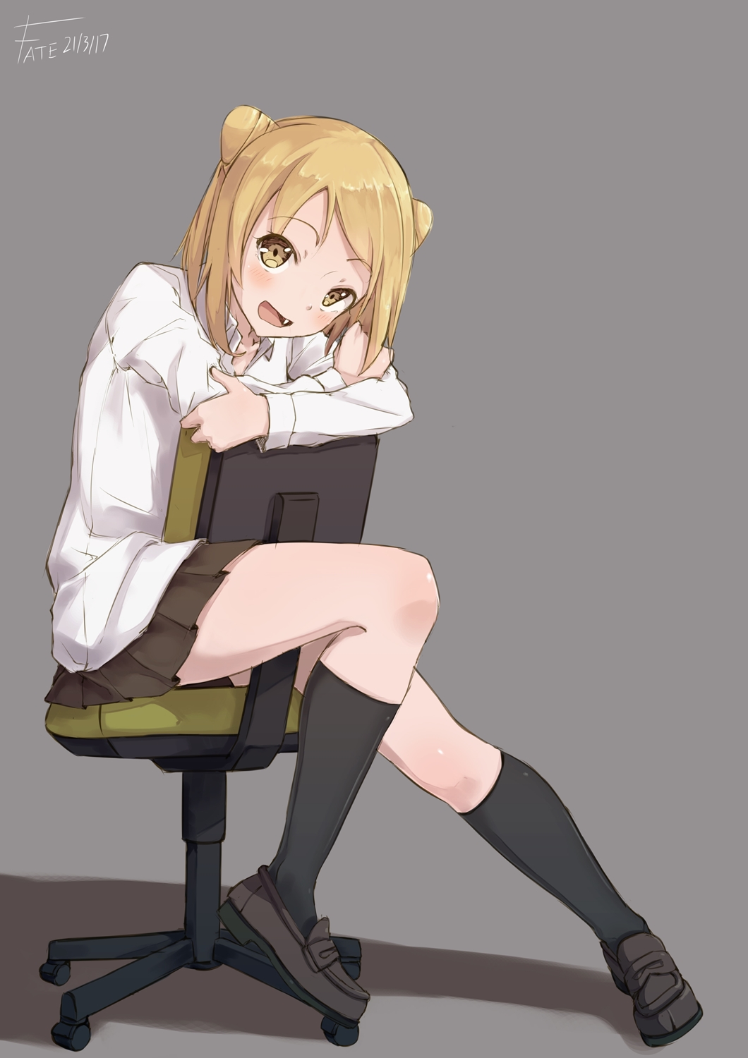 1girl, blonde_hair, blush, chair, demi-chan_wa_kataritai, double_bun, dress_shirt, ekusufeito, fang, full_body, highres, kneehighs, loafers, looking_at_viewer, miniskirt, office_chair, open_mouth, pleated_skirt, school_uniform, shirt, shoes, short_hair, sitting, sitting_backwards, skirt, smile, solo, takanashi_hikari, white_shirt, yellow_eyes