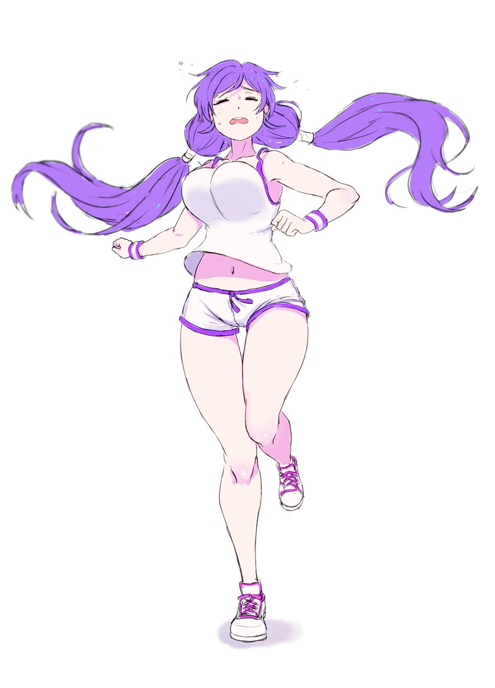 1girl, bouncing_breasts, breasts, closed_eyes, full_body, girly_running, highres, large_breasts, long_hair, love_live!, love_live!_school_idol_project, low_twintails, midriff, navel, open_mouth, othel_(hatimorris), purple_hair, running, short_shorts, shorts, simple_background, solo, sweat, toujou_nozomi, twintails, white_background, wristband