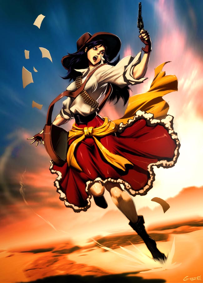 adelita_(bandolier_woman), bag, bandolier, black_hair, cowboy_hat, fingerless_gloves, genzoman, gloves