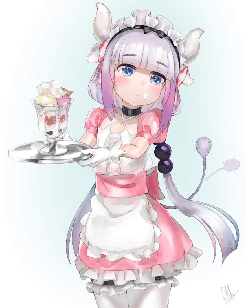 1girl, afterimage, albreo, alternate_costume, apron, artist_name, bangs, blue_background