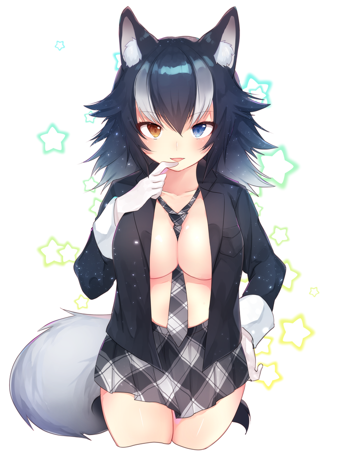 1girl, animal_ears, arare_mochiko, between_breasts, black_hair, blue_eyes, breasts, collarbone