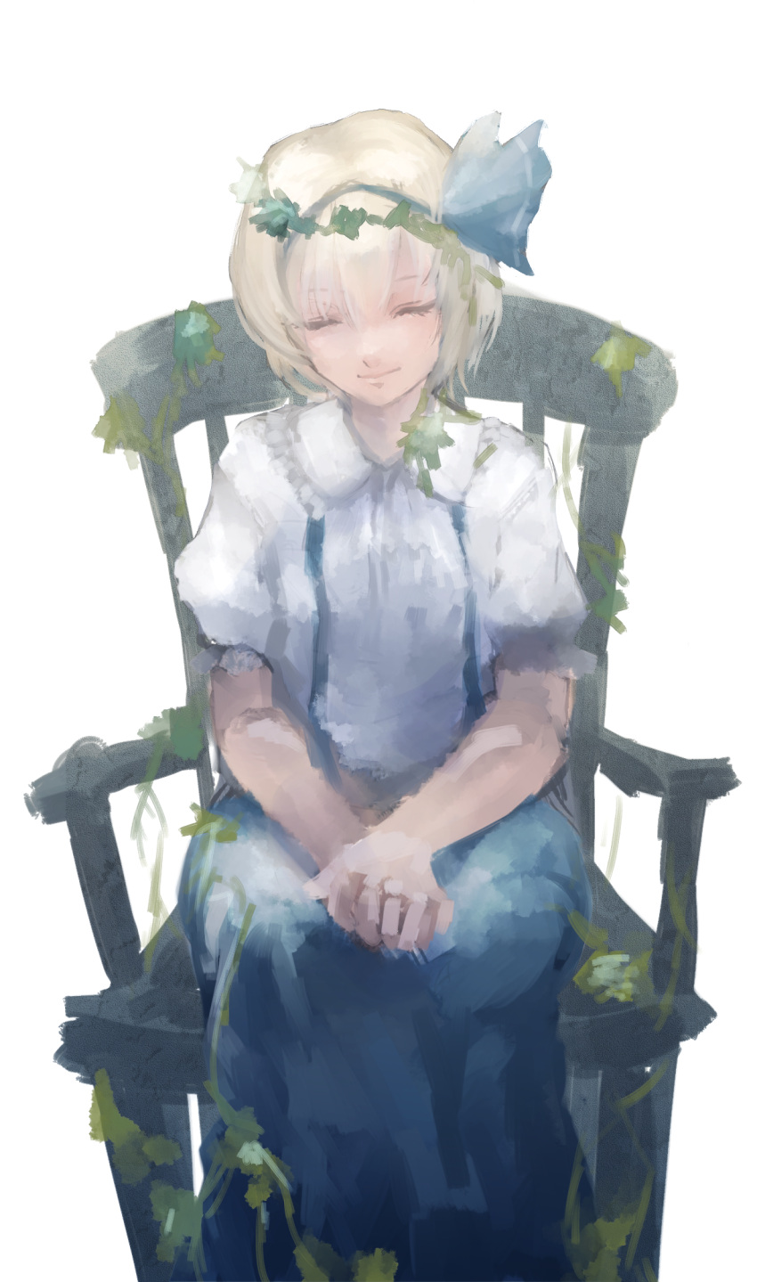 1girl, alice_margatroid, alice_margatroid_(pc-98), blonde_hair, bow, chair, closed_eyes, hairband