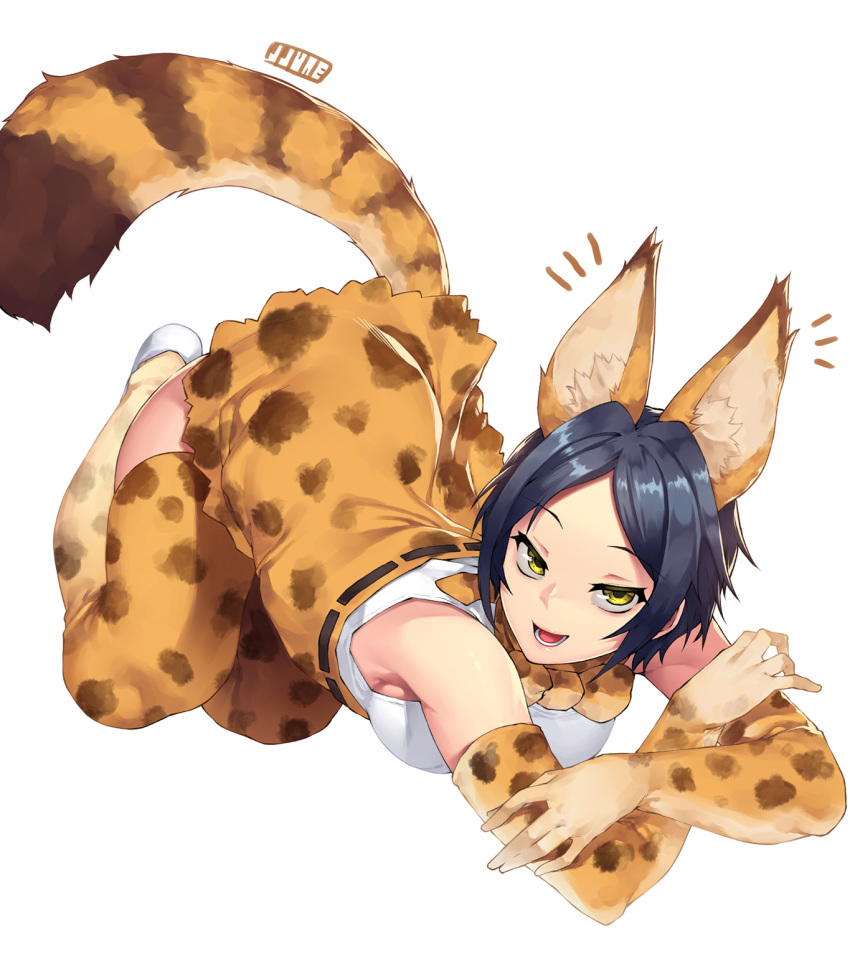 1girl, :d, animal_ears, blue_hair, cat_ears, cat_tail, cosplay, elbow_gloves