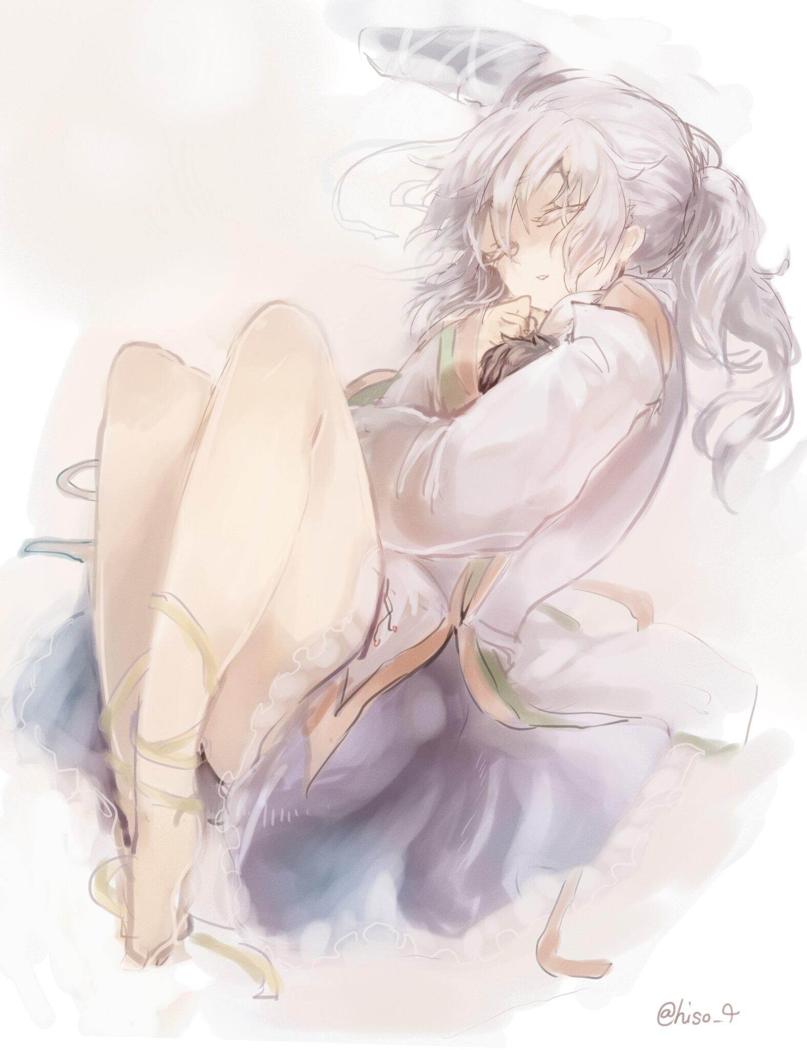1girl, barefoot, closed_eyes, colored_eyelashes, full_body, gradient, gradient_background, grey_hair