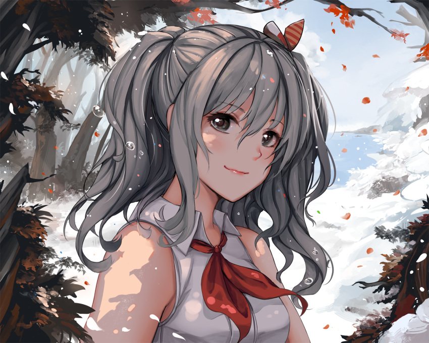 1girl, alternate_costume, grey_eyes, grey_hair, hair_ribbon, heart, highres, kantai_collection