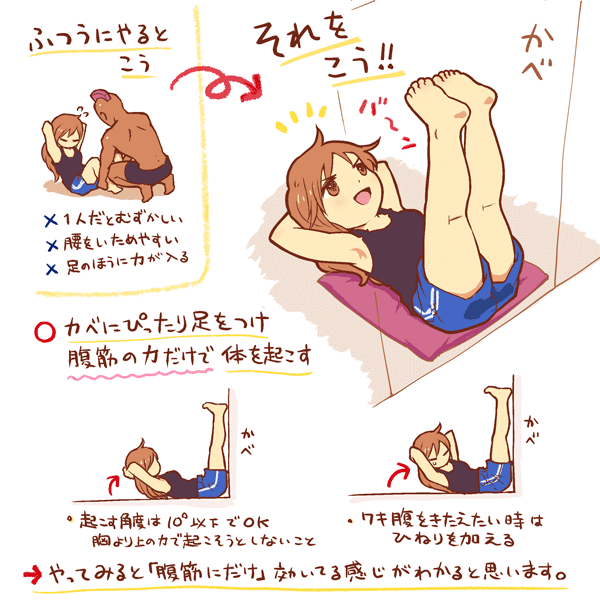 1boy, 1girl, cushion, exercise, instructions, mohawk, nakashima_(middle_earth), shorts, translation_request, wall