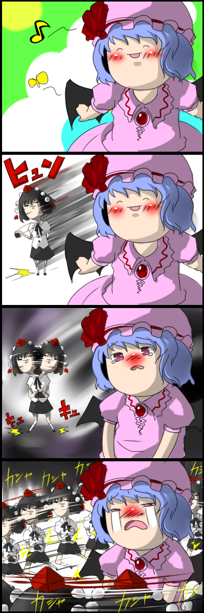 black_hair, blue_hair, bodied_yukkuri, comic, hat, highres, kimeemaru, melonpan_(artist), musical_note, musical_notes, remilia_scarlet, shameimaru_aya, short_hair, silent_comic, touhou, yukkuri_shiteitte_ne
