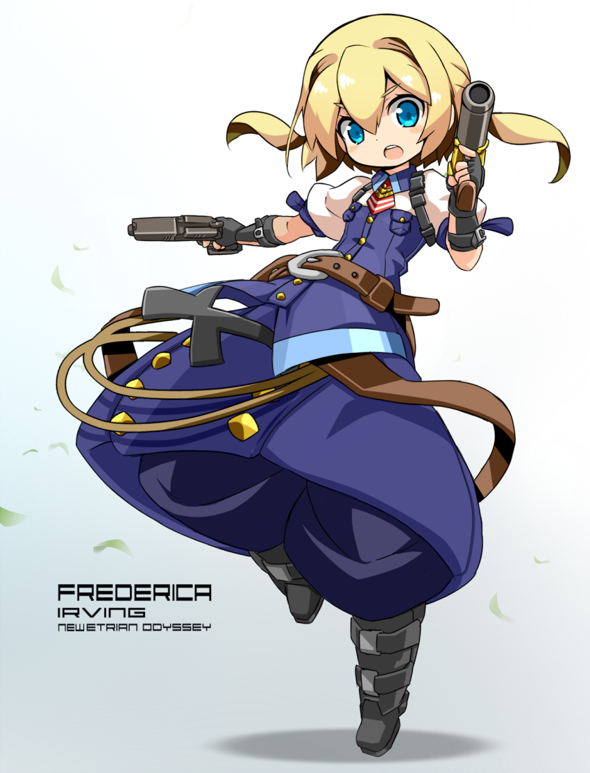 1girl, aqua_eyes, belt, blonde_hair, blue_eyes, boots, buckle, character_name