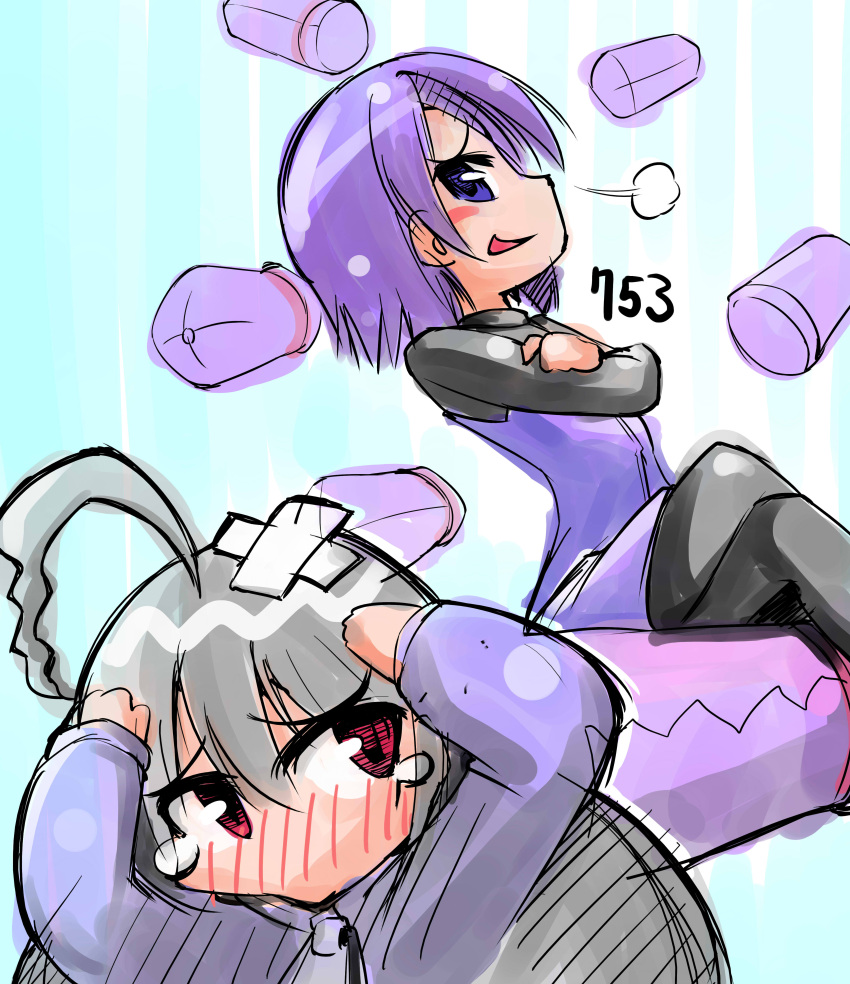 2girls, absurdres, ahoge, black_legwear, blush, highres, jacket, long_hair