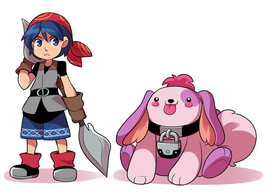 1boy, bandanna, blue_eyes, blue_hair, blush_stickers, brown_gloves, chrono_cross, collar