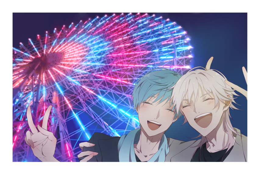 2boys, ^_^, aqua_hair, closed_eyes, ferris_wheel, hand_on_another's_shoulder, highres, hinapippi, ichigo_hitofuri, male_focus, multiple_boys, open_mouth, smile, touken_ranbu, tsurumaru_kuninaga, v, white_hair