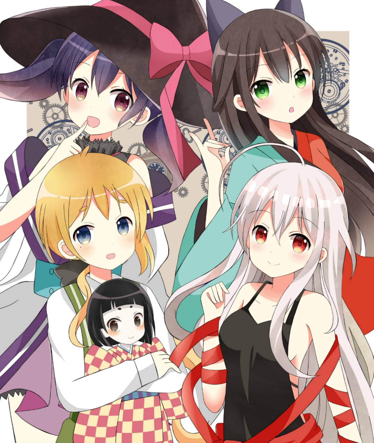 4girls, :d, :o, ahoge, bangs, bare_shoulders, black_bow, black_hair, black_hat, black_shirt, blue_eyes, blue_hair, blunt_bangs, blush, bob_cut, book, bow, bowtie, branch, breasts, brown_background, brown_eyes, brown_hair, buttons, checkered, checkered_kimono, chiya_(urara_meirochou), clockwork, closed_mouth, collarbone, commentary_request, cowboy_shot, cross, doll, eyebrows_visible_through_hair, finger_to_mouth, flower, frilled_shirt_collar, frilled_skirt, frills, gears, gradient, gradient_background, green_eyes, green_hakama, hair_between_eyes, hair_bow, hakama, hand_gesture, hat, hat_ribbon, highres, holding, holding_doll, japanese_clothes, kimono, latin_cross, long_hair, long_sleeves, looking_at_viewer, matsuko_(urara_meirochou), medium_breasts, mole, mole_under_eye, multicolored, multicolored_clothes, multicolored_kimono, multiple_girls, natsume_nono, obi, off_shoulder, open_mouth, orange_hair, outside_border, pink_ribbon, ponytail, purple_skirt, red_eyes, ribbon, ryoutan, sash, shirt, short_eyebrows, short_hair, sideboob, silver_hair, skirt, sleeveless, sleeveless_shirt, smile, striped, striped_shirt, tank_top, tatsumi_kon, thick_eyebrows, twintails, urara_meirochou, vertical-striped_shirt, vertical_stripes, very_long_hair, violet_eyes, white_kimono, white_shirt, wide_sleeves, winding_key, witch_hat, yukimi_koume