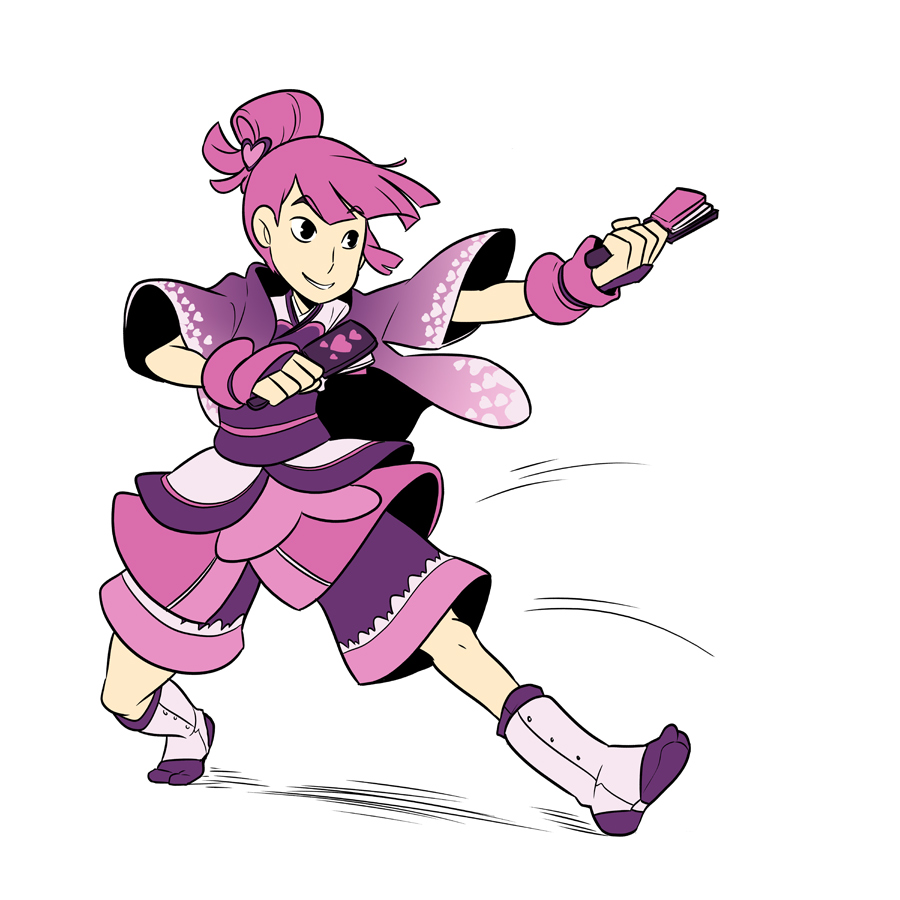 1girl, black_eyes, folded_ponytail, full_body, japanese_clothes, mary_cagle, motion_lines, original, pink_clothes, pink_hair, shorts, smile, solo, yosakoi