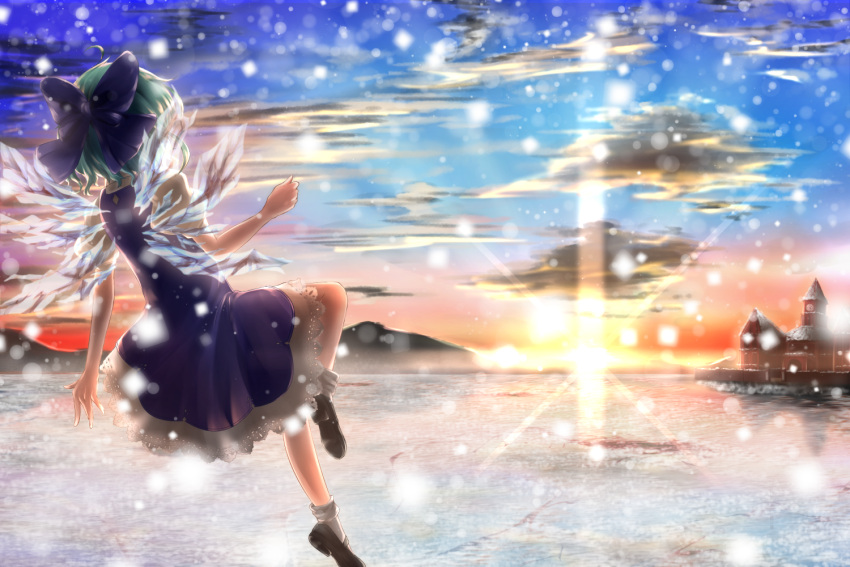 1girl, aru0607, blue_bow, blue_dress, blue_hair, bobby_socks, bow, brown_shoes, cirno, clouds, cloudy_sky, commentary_request, dress, fairy, floating, frilled_dress, frills, from_behind, frozen_lake, hair_bow, ice, ice_wings, mary_janes, misty_lake, mountainous_horizon, puffy_short_sleeves, puffy_sleeves, scarlet_devil_mansion, scenery, shoes, short_hair, short_sleeves, sky, snow, snowing, socks, solo, sunlight, sunset, touhou, wings