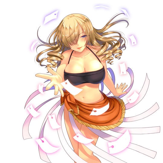108_gou, 1girl, bandeau, bare_arms, bare_legs, bare_shoulders, blonde_hair, blue_eyes