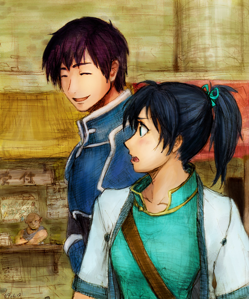 1boy, 1girl, armor, black_hair, blue_armor, bow, bumii, fir, fire_emblem, fire_emblem:_fuuin_no_tsurugi, garret, hair_bow, jacket, market, noah_(fire_emblem), ponytail
