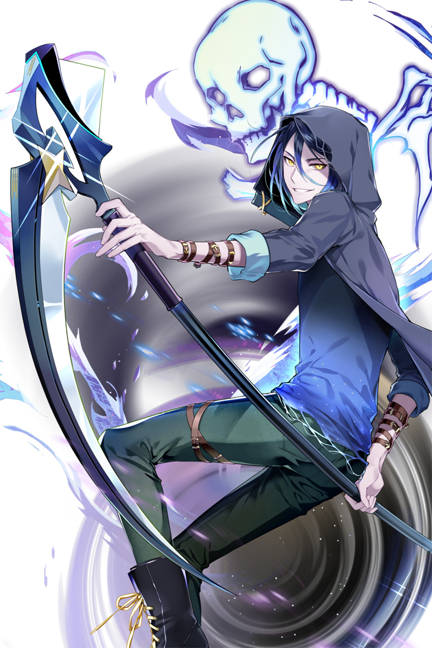 1boy, arm_belt, black_boots, black_hair, blue_hair, blue_shirt, boots, glint, gradient_hair, green_pants, highres, hood, hooded_jacket, jacket, jeunese, leg_belt, looking_at_viewer, male_focus, multicolored_hair, pants, parted_lips, scythe, shirt, skeleton, soccer_spirits, solo, tuuuh, vortex, wristband, yellow_eyes