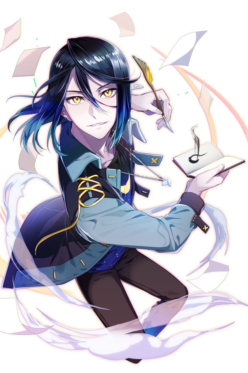 1boy, black_hair, black_pants, blue_hair, book, gradient_hair, highres, jacket
