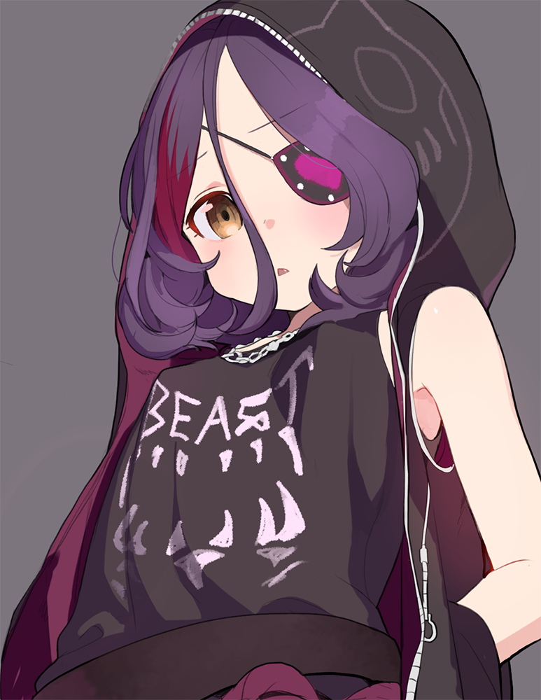 1girl, bare_arms, black_jacket, black_shirt, black_tank_top, chain_necklace, clothes_writing, do_re_mi, eyepatch, fang, grey_background, hair_between_eyes, hands_in_pockets, hayasaka_mirei, heart, heart_eyepatch, hood, hood_up, hooded_jacket, idolmaster, idolmaster_cinderella_girls, jacket, looking_at_viewer, looking_down, multicolored_hair, purple_hair, redhead, shirt, short_hair, simple_background, sleeveless, sleeveless_jacket, solo, streaked_hair, tank_top, upper_body