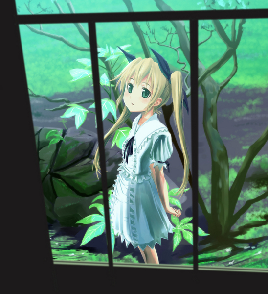 arms_behind, da_capo, dress, frills, futari_no_ana, green_eyes, hands_clasped, tree