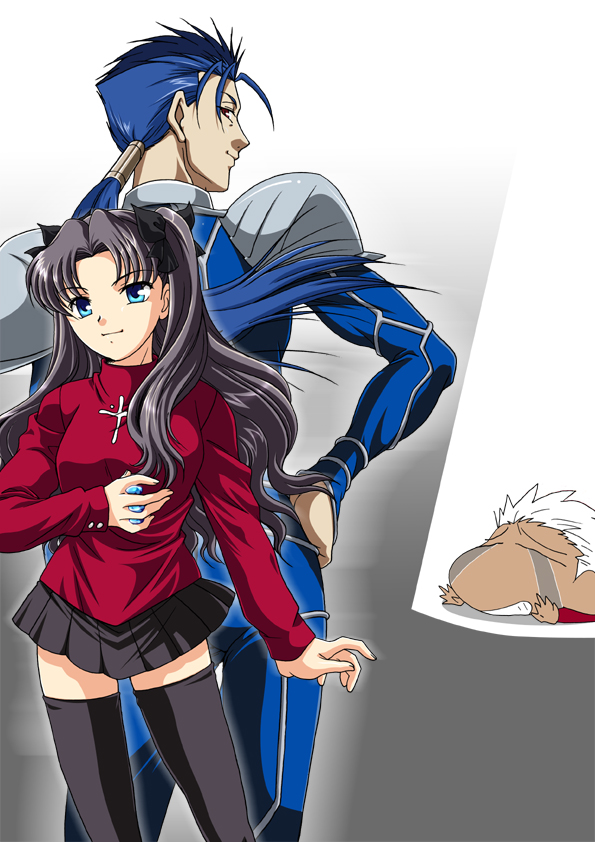 armor, back-to-back, back_to_back, black_hair, blue_eyes, blue_hair, fate/stay_night, fate_(series)
