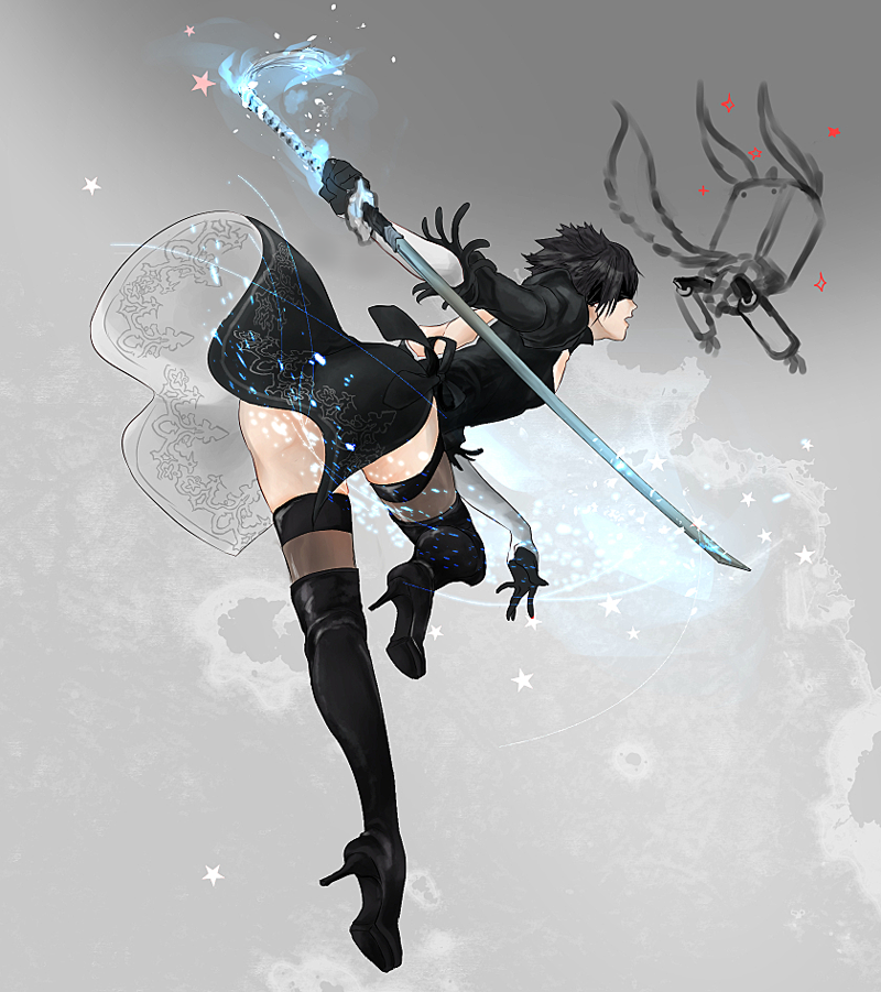 1boy, alternate_hair_color, back_cutout, black_boots, black_dress, black_gloves, black_hair, black_legwear