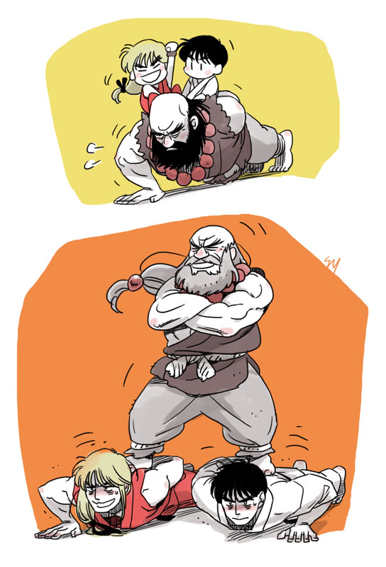 3boys, age_comparison, bald_spot, barefoot, black_hair, blonde_hair, blush_stickers, child, clenched_hand, crossed_arms, dougi, facial_hair, gouken, kamei_(yokoshima-ko), ken_masters, long_hair, low-tied_long_hair, male_focus, multiple_boys, muscle, mustache, old_man, push-ups, ryuu_(street_fighter), signature, sitting, sitting_on_person, sleeveless, street_fighter, sweatdrop, white_hair, younger