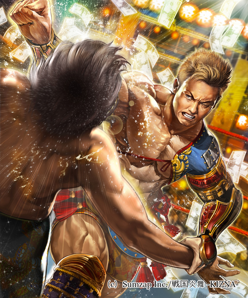 2boys, abs, armor, black_hair, blonde_hair, clenched_teeth, fighting, highres