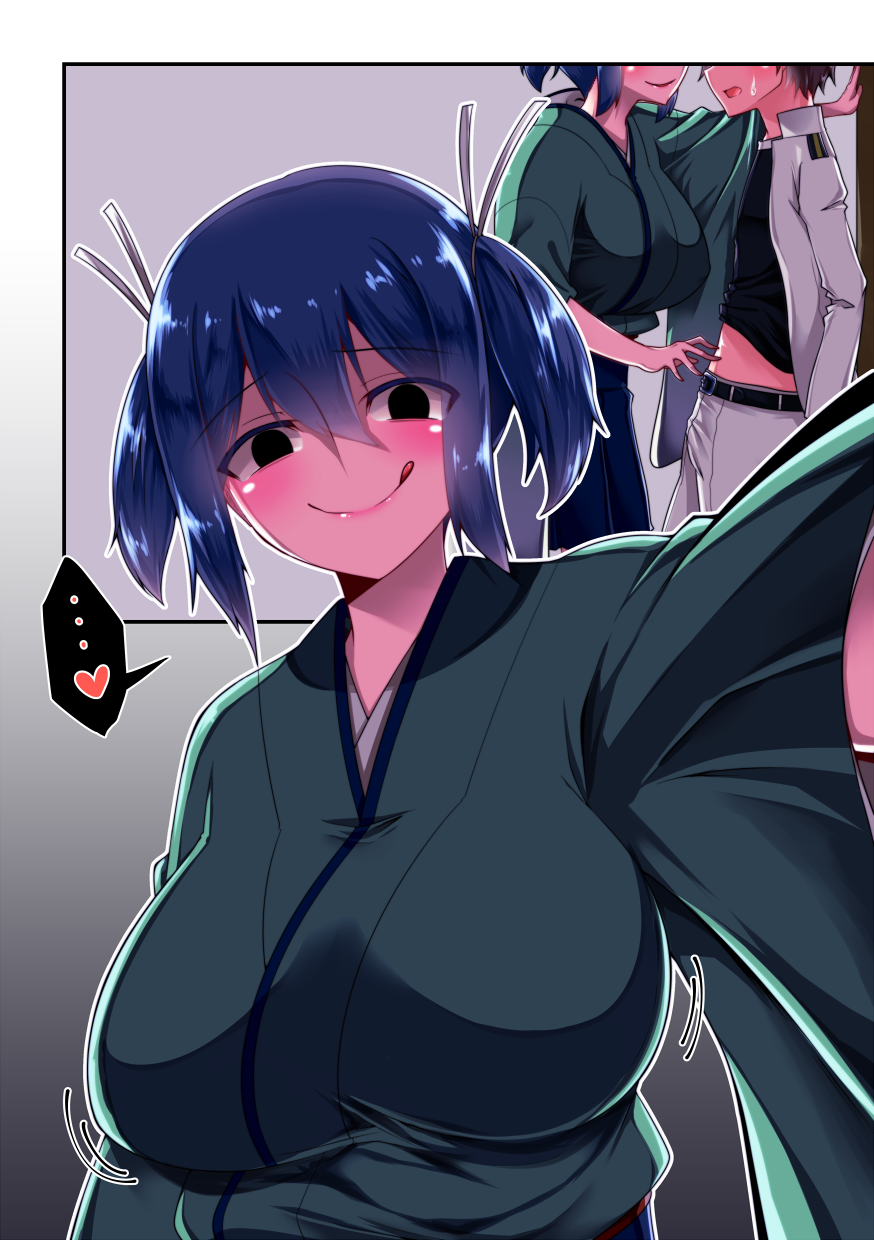 1boy, 1girl, :q, admiral_(kantai_collection), black_eyes, blue_hair, blush, bouncing_breasts