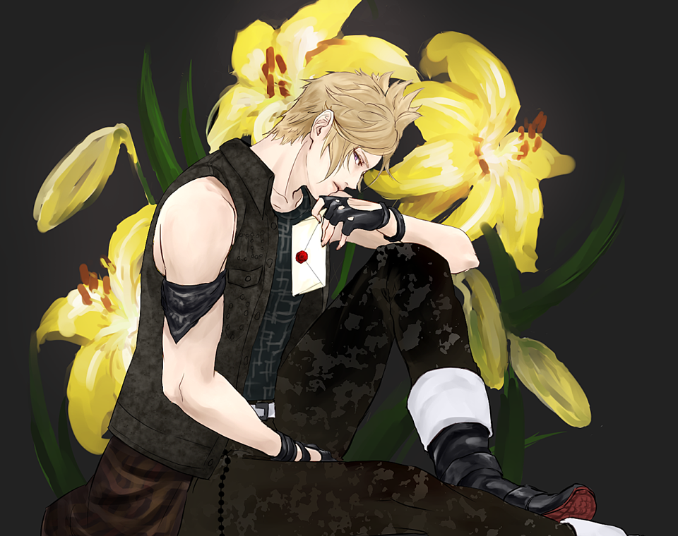 1boy, armband, bare_shoulders, blonde_hair, final_fantasy, final_fantasy_xv, flower, handkerchief