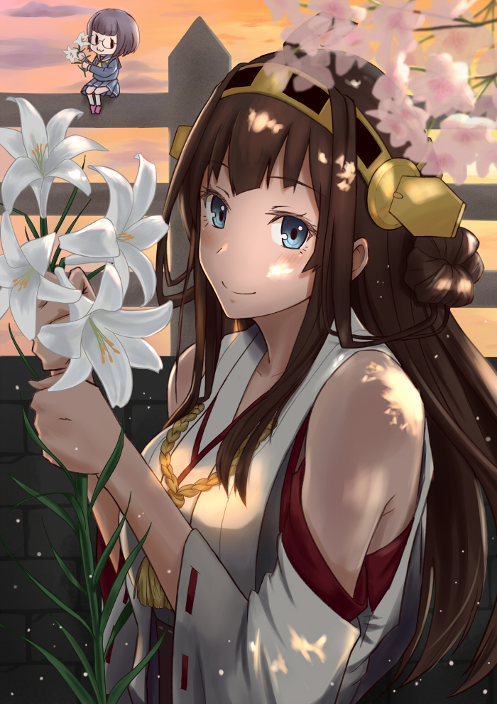 2girls, 41cm_twin_gun_mount, :3, blue_eyes, blush, brick_wall, brown_hair, fairy_(kantai_collection)