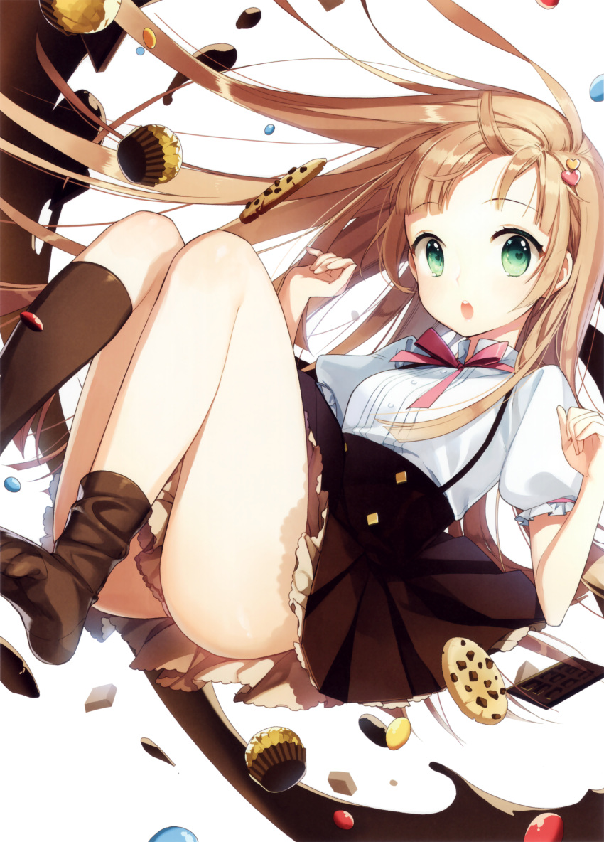 1girl, absurdres, ass, asymmetrical_legwear, brown_hair, chocolate_chip_cookie, cookie, ferrero_rocher