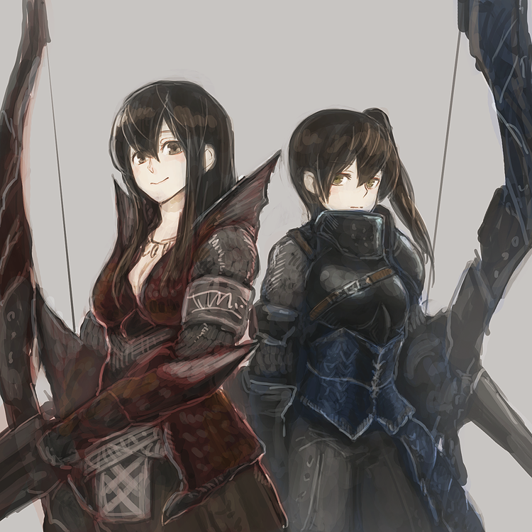 2girls, akagi_(kantai_collection), alternate_costume, armor, armored_skirt, bow_(weapon), breasts, brown_eyes, brown_hair, cleavage, grey_background, ichi_inaru, jewelry, kaga_(kantai_collection), kantai_collection, long_hair, looking_at_viewer, monster_hunter, multiple_girls, necklace, rathalos_(armor), side_ponytail, simple_background, weapon
